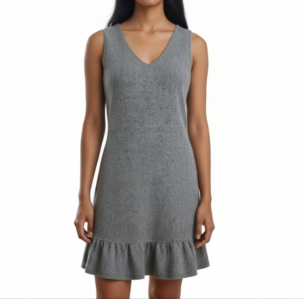 Loft Dress Size 12 Black White Flounce Hem V Neck Sleeveless Textured Back Zip - Picture 9 of 9